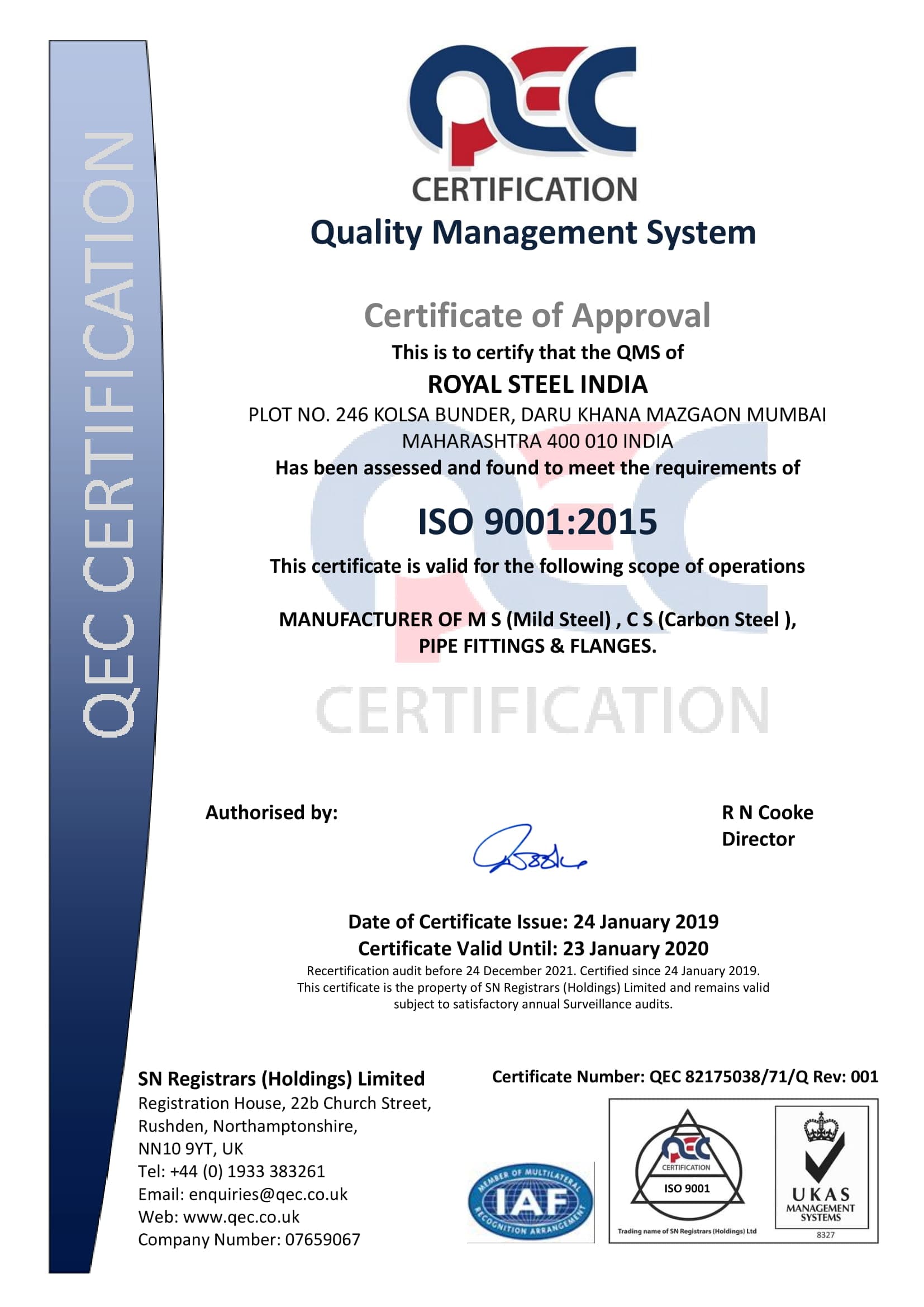 QEC UKAS 9001:2015 Certificate